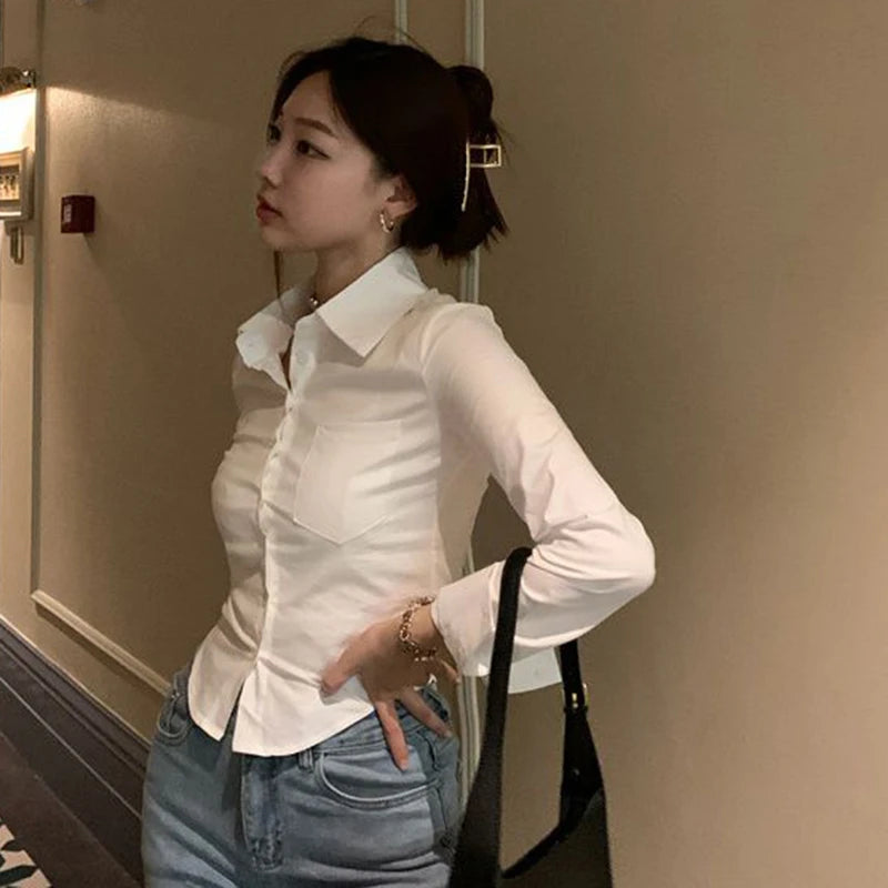 Gidyq Elegant Women Korean Shirts Fashion Streetwear Female Slim Blouse Spring Y2K Casual Office Ladies Sexy Cropped Tops New