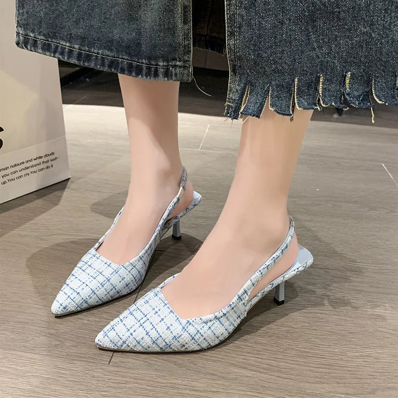 Sea Salt Blue Pointed High Heel Sandals for Women Back Hollow Half Headed Single Shoes Fashion Versatile Casual Shoes