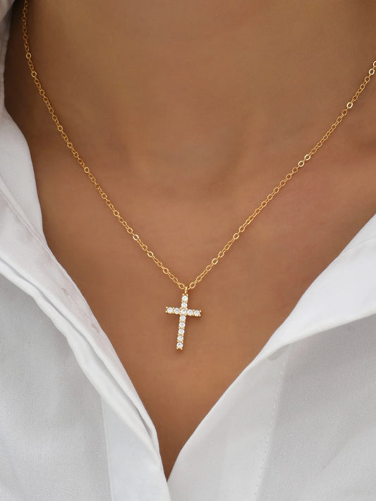 Fashion New Zircon Inlaid Cross Necklace Pendant Jewelry for Women Gold Color Long Clavicle Chain Necklaces