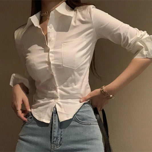 Gidyq Elegant Women Korean Shirts Fashion Streetwear Female Slim Blouse Spring Y2K Casual Office Ladies Sexy Cropped Tops New