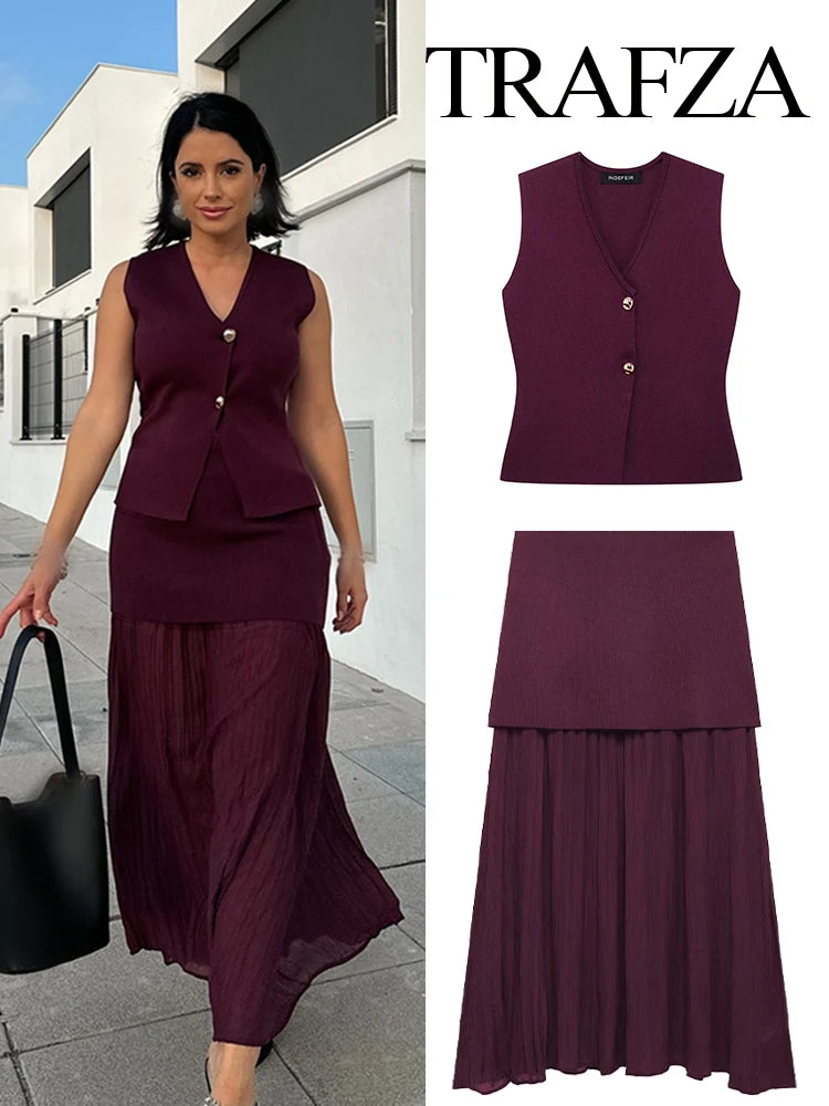 TRAFZA Women 2 Piece Set V-Neck Sleeveless Button Knitted Vest Top+Elegant Splicing High Waist Zipper Long Skirts Holiday Suits