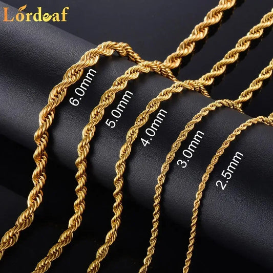 2.5MM 3MM 4MM 5MM 18k Real Gold Plated Stainless Steel Twist Rope Chain No Fade Necklace Jewelry for Men Women