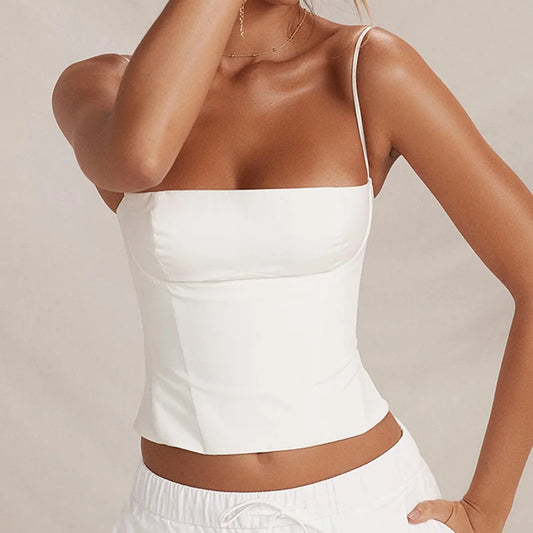 Summer Backless Zip Up Bustier Crop Tops Elegant Vintage Skinny Corset Tank Tops Y2K Women Chic Spaghetti Strap Camis Clubwear