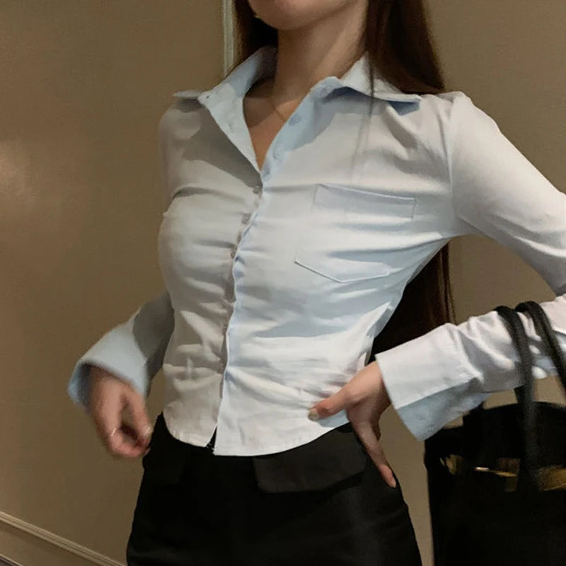 Gidyq Elegant Women Korean Shirts Fashion Streetwear Female Slim Blouse Spring Y2K Casual Office Ladies Sexy Cropped Tops New