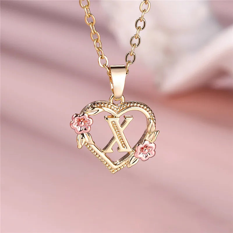 Female A-Z Letter Flower Pendant Necklace Yellow Gold Color Wedding Jewelry Gift For Women