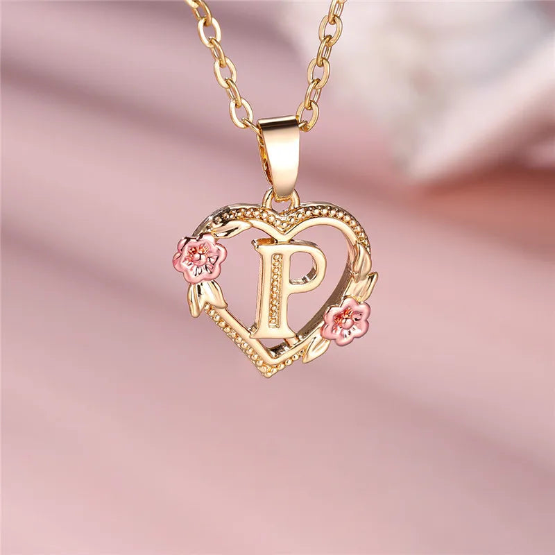 Female A-Z Letter Flower Pendant Necklace Yellow Gold Color Wedding Jewelry Gift For Women