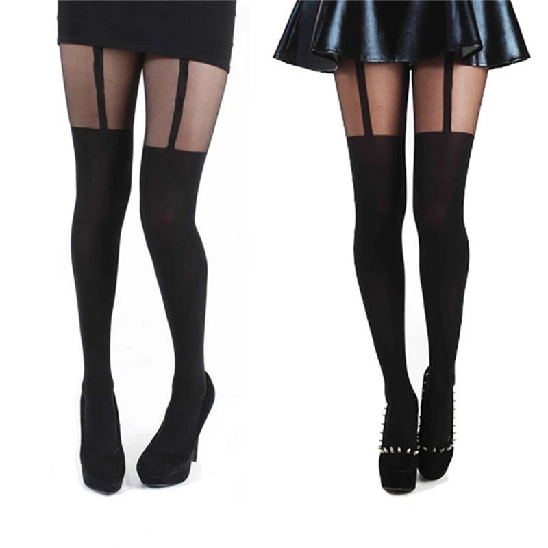 Hot Selling Sexy Women Black Fake Garter Belt Suspender Tights Over The Knee Hosiery Stockings Gifts Wholesale