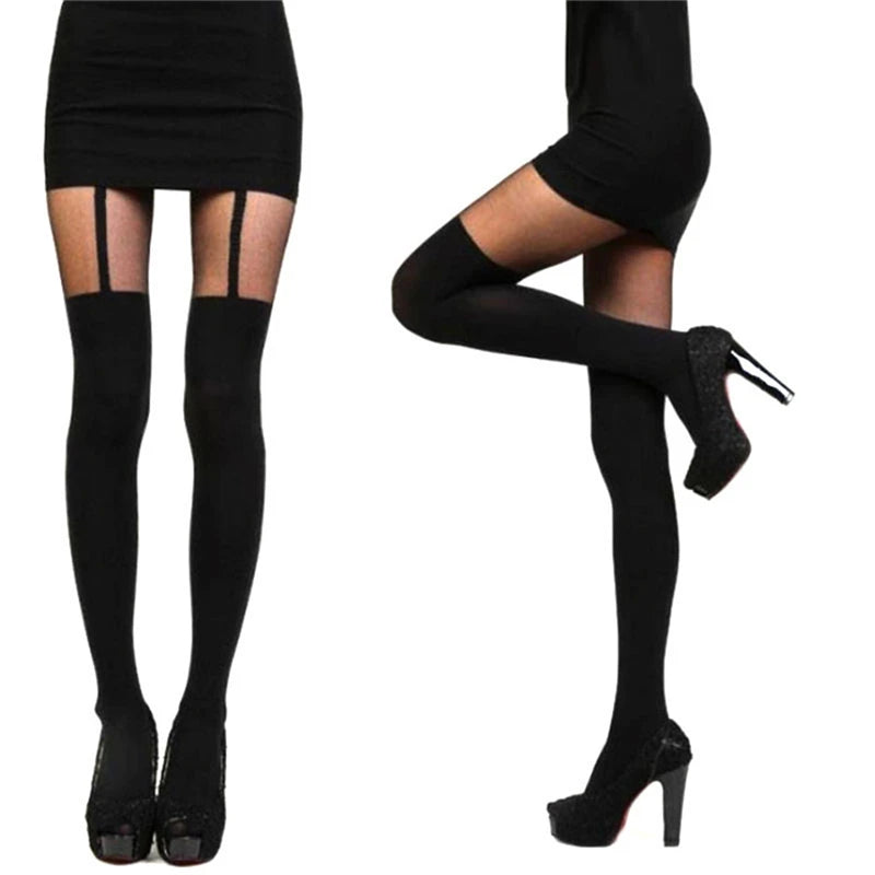 Hot Selling Sexy Women Black Fake Garter Belt Suspender Tights Over The Knee Hosiery Stockings Gifts Wholesale